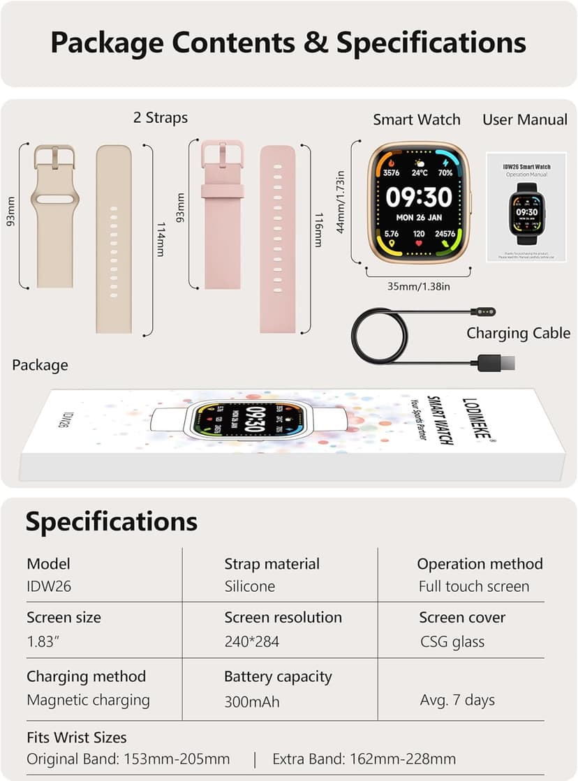 Smart Watch 2026 Upgrade for Women Men Android & iPhone [2 Bands, 44mm case, 1.83''], Alexa Built-in, Make/Answer Call, HR SpO2 Sleep Stress Monitor Fitness Tracker, IP68 Waterproof Step Counter Watch
