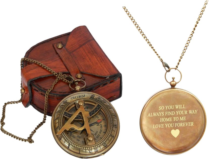 Love You Forever Engraved Sundial Compass with Leather Case – Inspirational Gift for Traveler, Adventurer, Groom, Baptism, Wedding or Him | Vintage Brass Navigation Compass