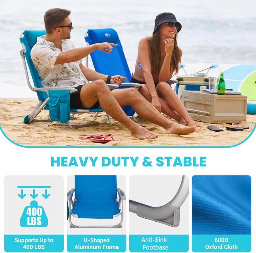 #WEJOY Beach Chair for Adults, Reclining Adjustable Position,Lay Flat Lightweight Folding Portable Aluminum Chair with Backpack Straps,Padded headrest, Heavy Duty 400 lbs Lawn Chair for Beach, 2 Pack
