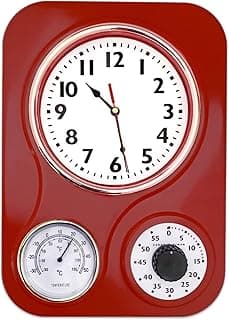 Lily's Home -9.5 Inch x 12.5 Inch -Retro Kitchen Wall Clock, Vintage Wall Clock with a Thermometer and 60-Minute Timer, Ideal for Any Kitchen, Office, or Diner (Retro Red)
