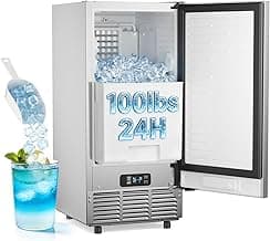Commercial Under Counter Ice Maker 100 Lbs/Day with 30 LBS Storage Bin, Freestanding Built-in Ice Maker, 15" W Undercounter Ice Machine with Self Cleaning for Home/Bar/Cafe/Restaurant, Silver