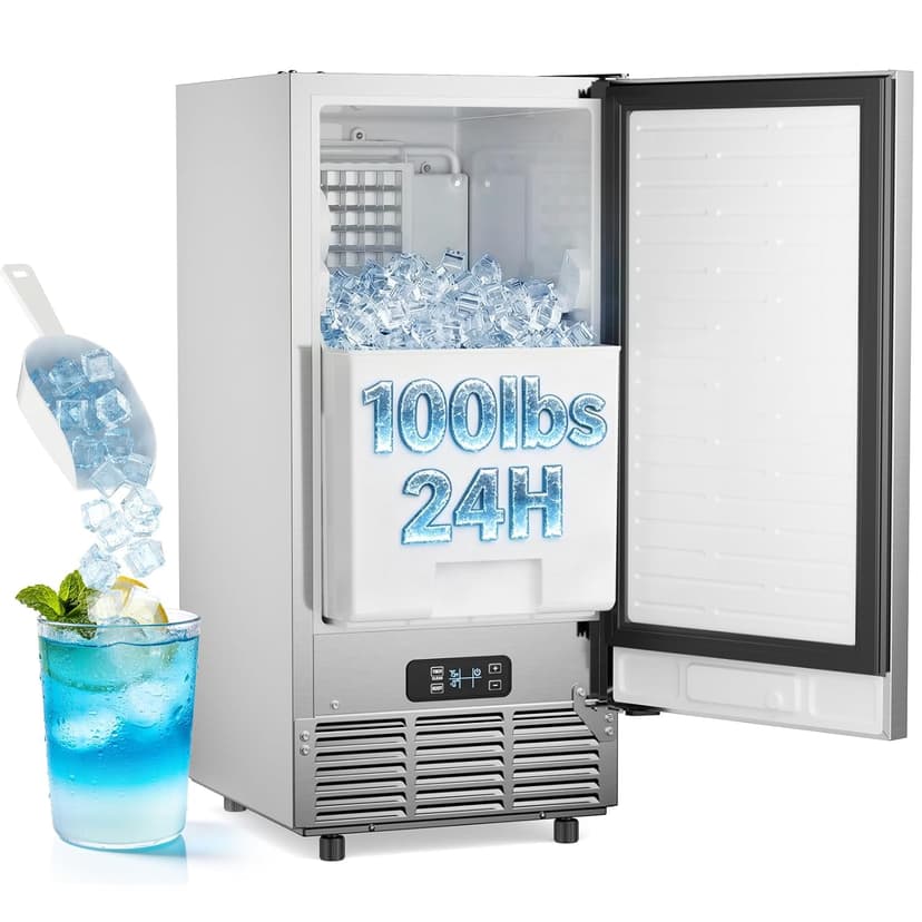 Commercial Under Counter Ice Maker 100 Lbs/Day with 30 LBS Storage Bin, Freestanding Built-in Ice Maker, 15" W Undercounter Ice Machine with Self Cleaning for Home/Bar/Cafe/Restaurant, Silver