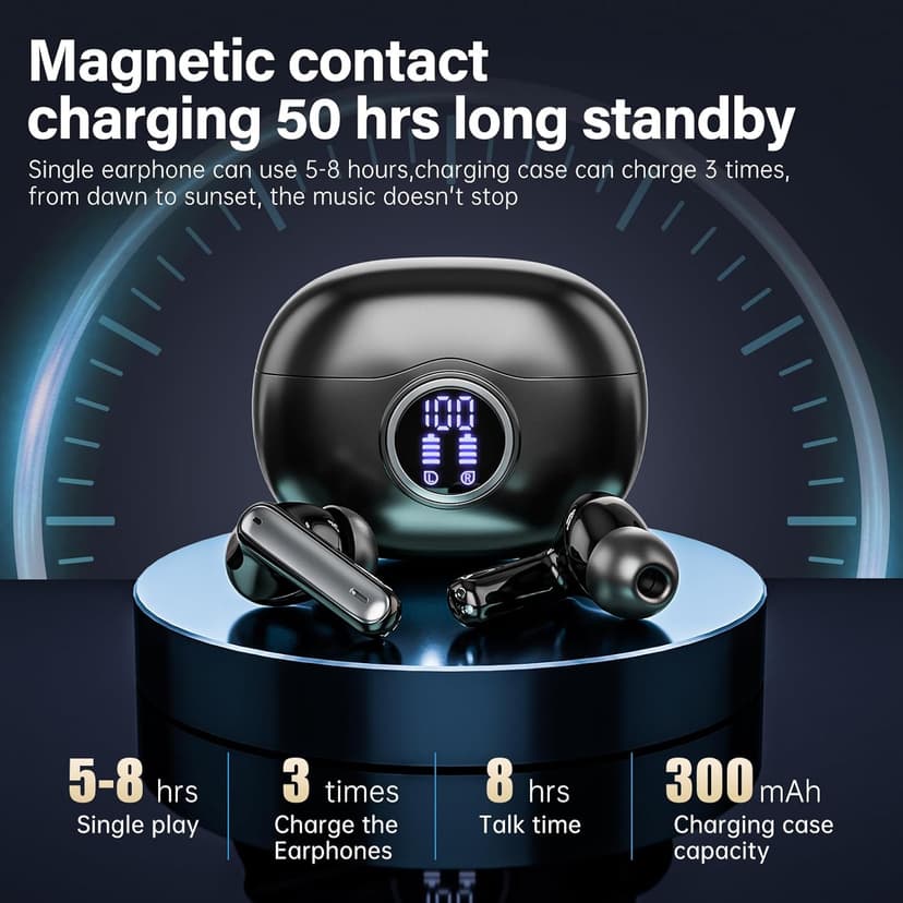 Fhumsh A10 Pro Wireless Earbuds, Bluetooth 5.3 Headphones HiFi Stereo 50H Playback LED Digital Display Ear Buds with ENC Noise Canceling Headset, IPX7 Waterproof Earphones for Gym/Running/Work, Black