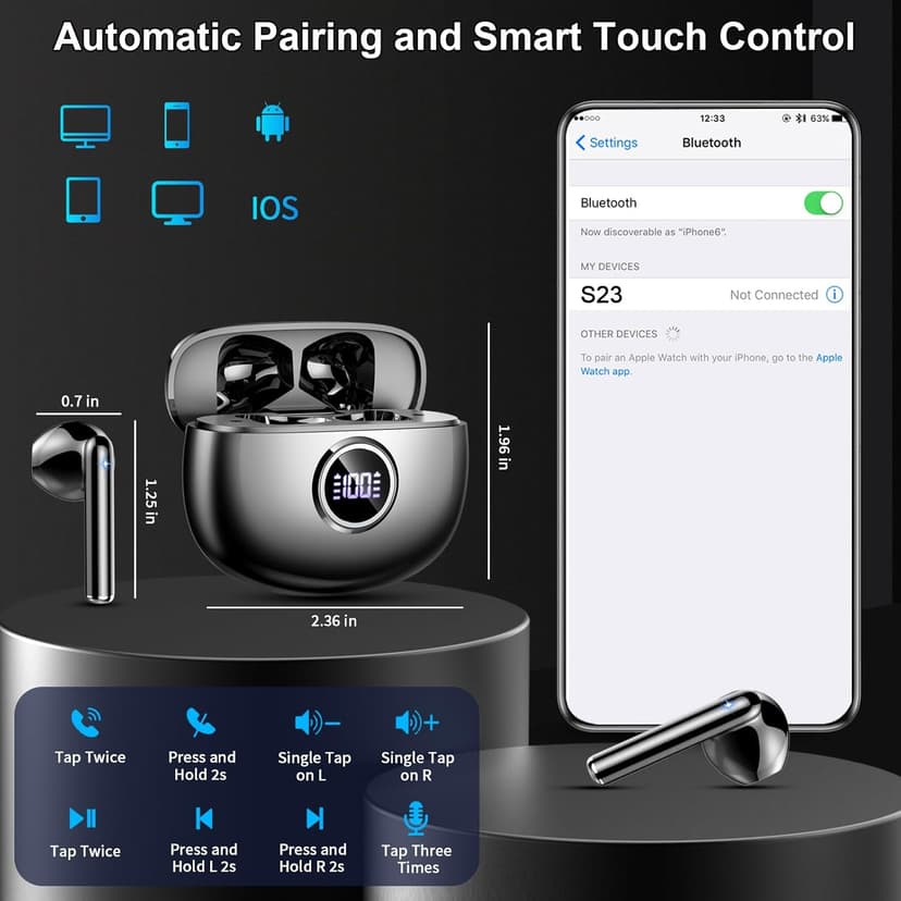 Wireless Earbuds, 2025 Bluetooth 5.3 Headphones HiFi Stereo Ear buds with ENC Noise Cancelling Mics, 40H Bluetooth Earbuds with Dual LED Display, IP7 Waterproof in Ear Earphones for Android iOS, Black