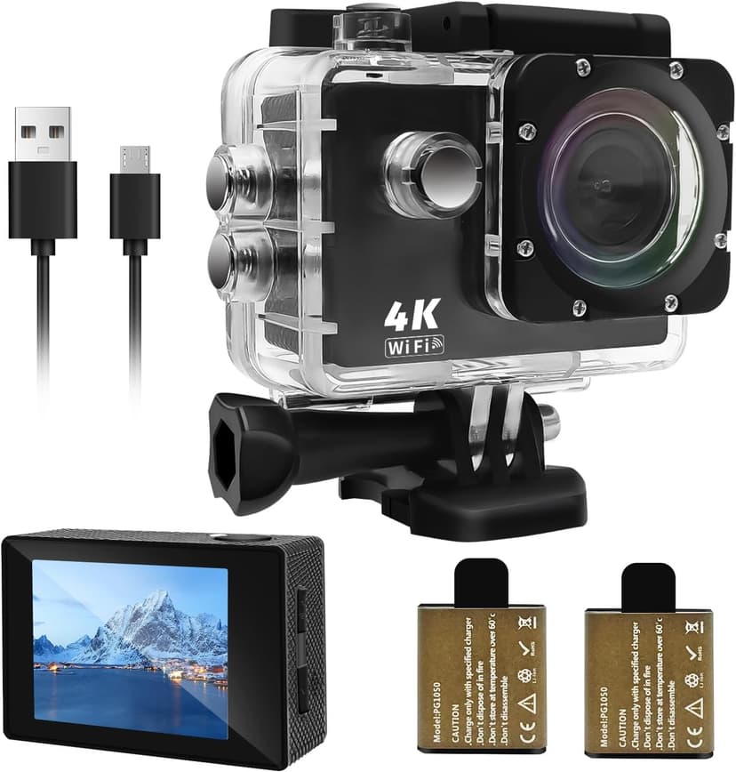 Cecosy Action Camera 4K 30FPS, Waterproof Camera 30M Underwater Ultra HD 131FT 170°Wide Angle Shooting, with 2 x 1050 mAh Batteries for Cycling, Ice Skating, Skiing, Fishing, Climbing