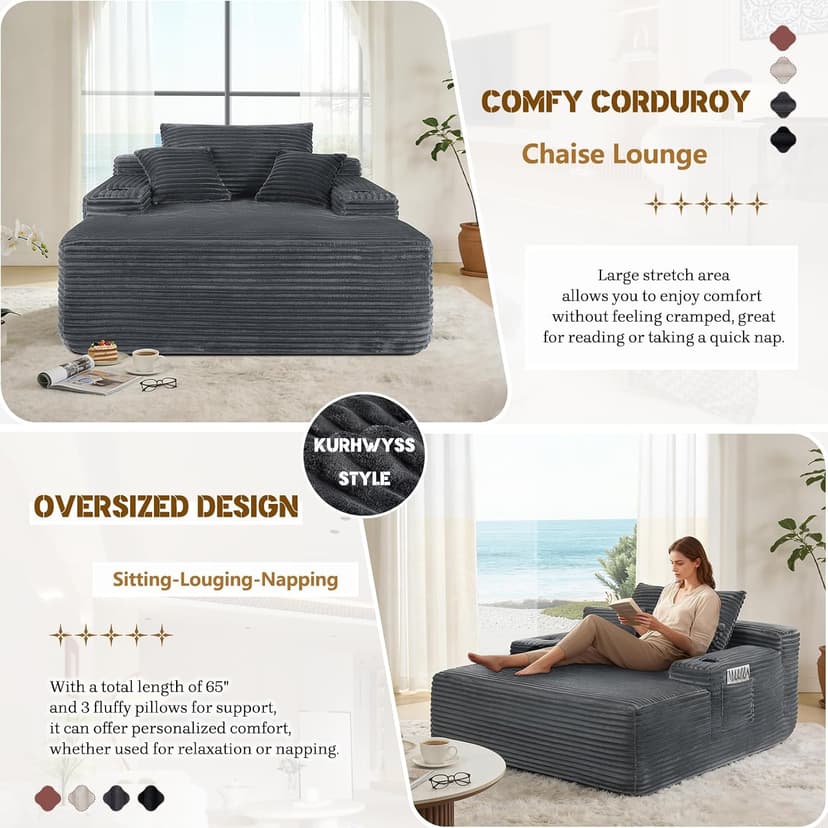 Kurhwyss Oversized Chaise Lounge Chair with Cup Holders and Pockets, Corduroy Single Sleeper Couch with 3 Pillows, Upholstered Boneless Sofa Comfy Reading Chair for Living Room Bedroom (Grey)