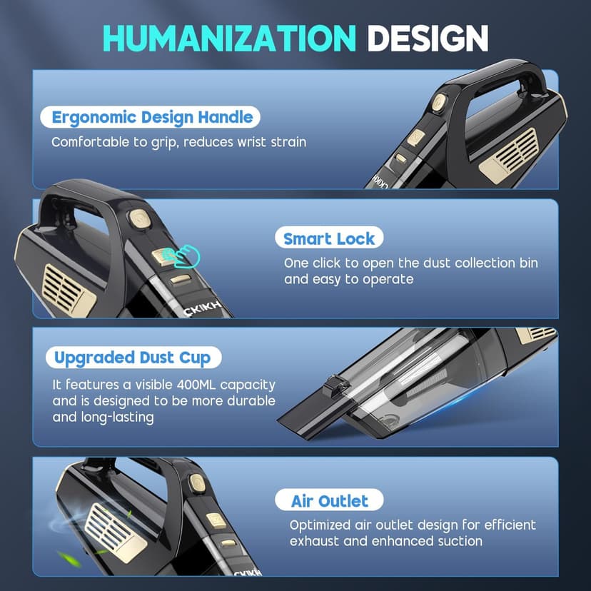 CKIKH Handheld Vacuum Cordless, 15000PA Strong Suction Hand Held Car Vacuum Cleaner Portable with Multi-Nozzles & Washable Filter, Lightweight Dust Busters Rechargeable for Home, Car, Office, Pets