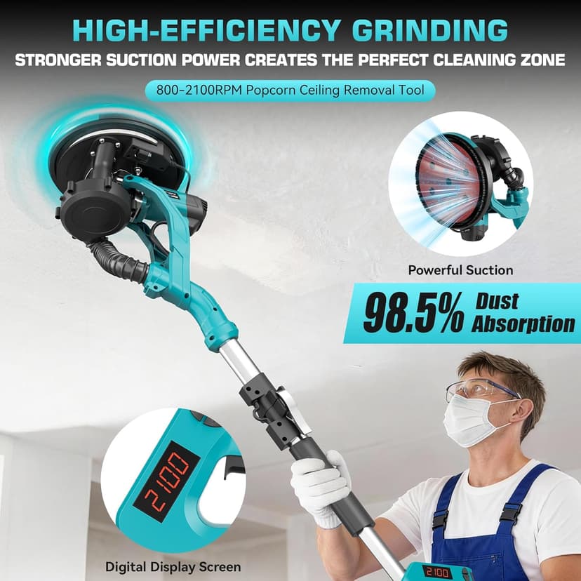 Drywall Sander with Vacuum Dust Collector, 1000W Popcorn Ceiling Removal Tool, Electric Drywall Sander with Digital Display Screen 9 Variable Speed 800-2100RPM, Foldable & Extendable Handle