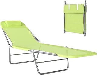 Outsunny Folding Chaise Lounge Pool Chairs, Outdoor Sun Tanning Chairs with Pillow, Reclining Back, Steel Frame & Breathable Mesh for Beach, Yard, Patio, Green