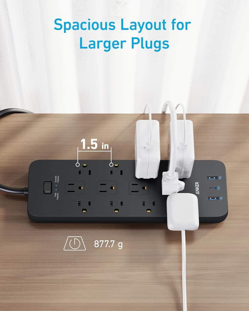 Anker Power Strip with 3 USB Ports, Surge Protector (2100J-10ft), 12 Outlets, 2 USB-A Ports and 1 USB-C Port, Works with iPhone 16/16 Plus/16 Pro/16 Pro Max, for Home, Office, TUV Listed