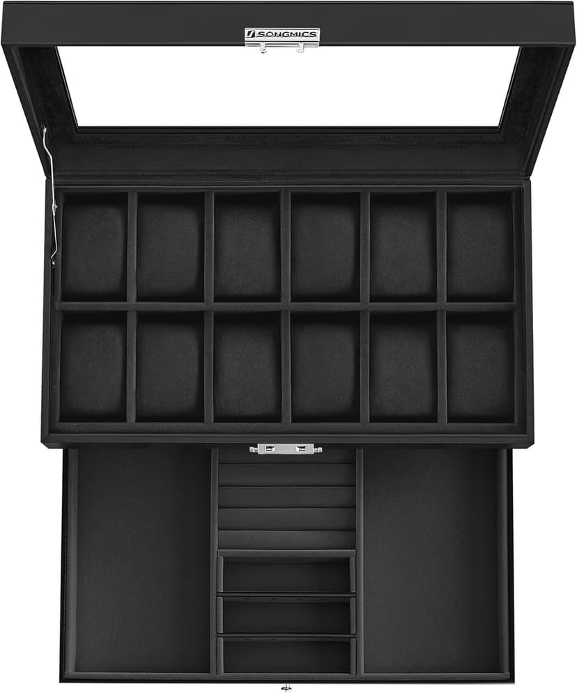 SONGMICS Watch Box, 12-Slot Watch Case Organizer with Large Glass Lid, 2 Layers, Removable Pillows, Metal Lock, Gift for Loved Ones, Black Synthetic Leather, Black Lining UJWB012B03