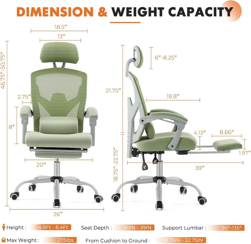 Sweetcrispy Office Computer Desk Chair, Ergonomic High-Back Mesh Rolling Work Swivel Chairs with Wheels, Comfortable Lumbar Support, Comfy Arms for Home, Bedroom, Study, Student, Green