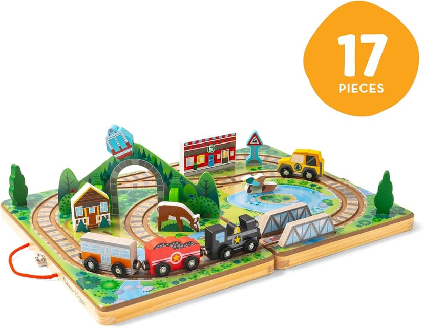 Melissa & Doug Take-Along Railroad Tabletop Playset with Wooden Train Toys, Animals & Scenery Play Pieces, Preschool Learning Toys for Girls & Boys 3+ - FSC Certified
