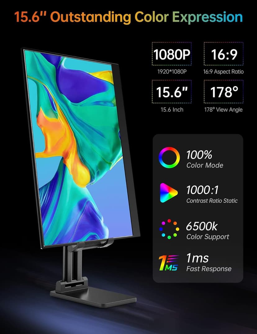 VILVA Portable-Monitor-for-Laptop - 15.6'' 1080P FHD IPS Display USB-C HDMI Portable Monitor for Laptop with Cover and Speakers External Monitor for Laptop/PC/Mac/Phone/Xbox Switch/PS4/