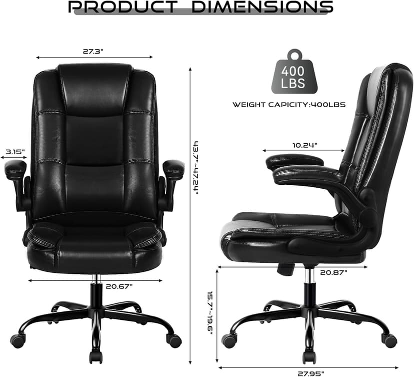 VITESSE Ergonomic Office Chair with Flip-up Armrests, Big and Tall Leather Executive Office Chair, High Back Lumbar Support Home Computer Desk Chair, Heavy and Duty Computer Chair (Black)