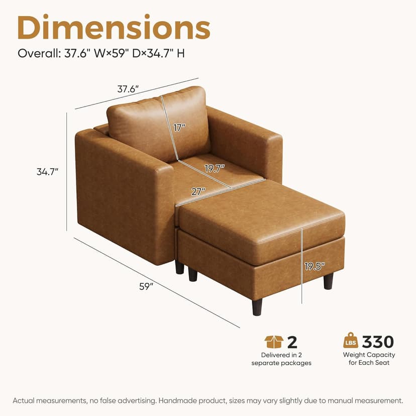 ABCASA Faux Leather Accent Chair with Ottoman,Upholstered Armchair with Storage,Extra-Deep-Seated Modular Single Sofa,Reading Chair with Footrest for Living Room Lounge Chair Brown