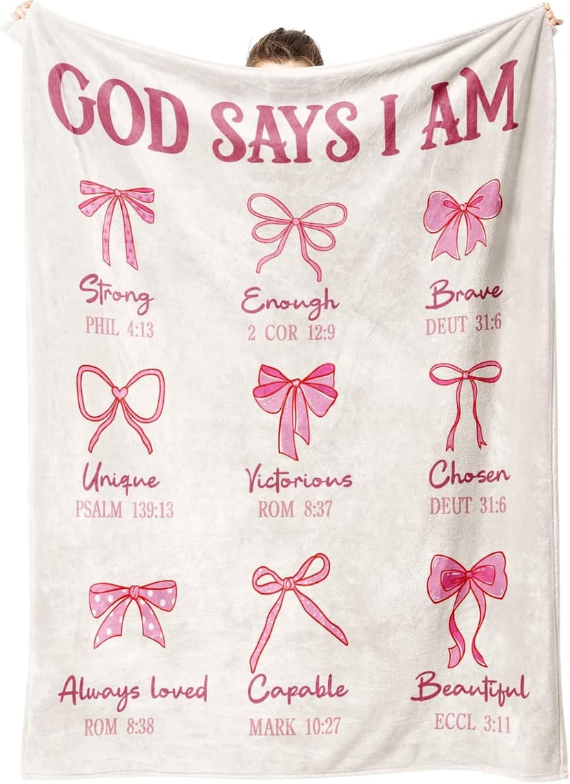 Christian Gifts for Women on Birthday Christmas, Christening/First Communion/Dedication Gifts for Baby Girls Teens Daughter Baptism Gifts for Girls, God Says I Am Pink Bow Blanket 50"x60" B0FZB5XHKX