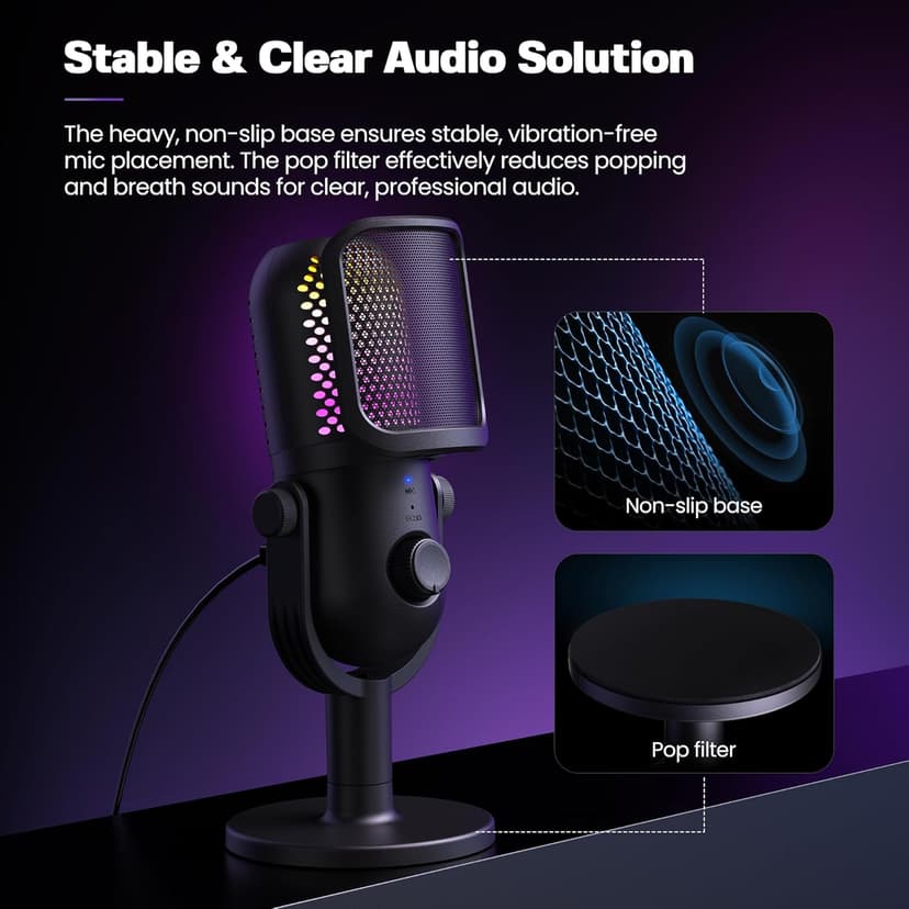 USB Microphone for PC Gaming: Condenser Microphone RGB for Gamer with Stand Mic - Recording Mic for Computer&Laptop with Qiuck Mute - Desk Podcast Mic for Podcast & Singing & Streaming & Youtube Black
