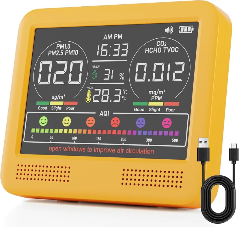 16-in-1 Indoor Air Quality Monitor with PM1.0,PM2.5,PM10,CO2,HCHO,TVOC,Temperature,Humidity,Time Display &7 AQI Alarms – Professional Air Quality Tester for Home, Office & Indoor Use