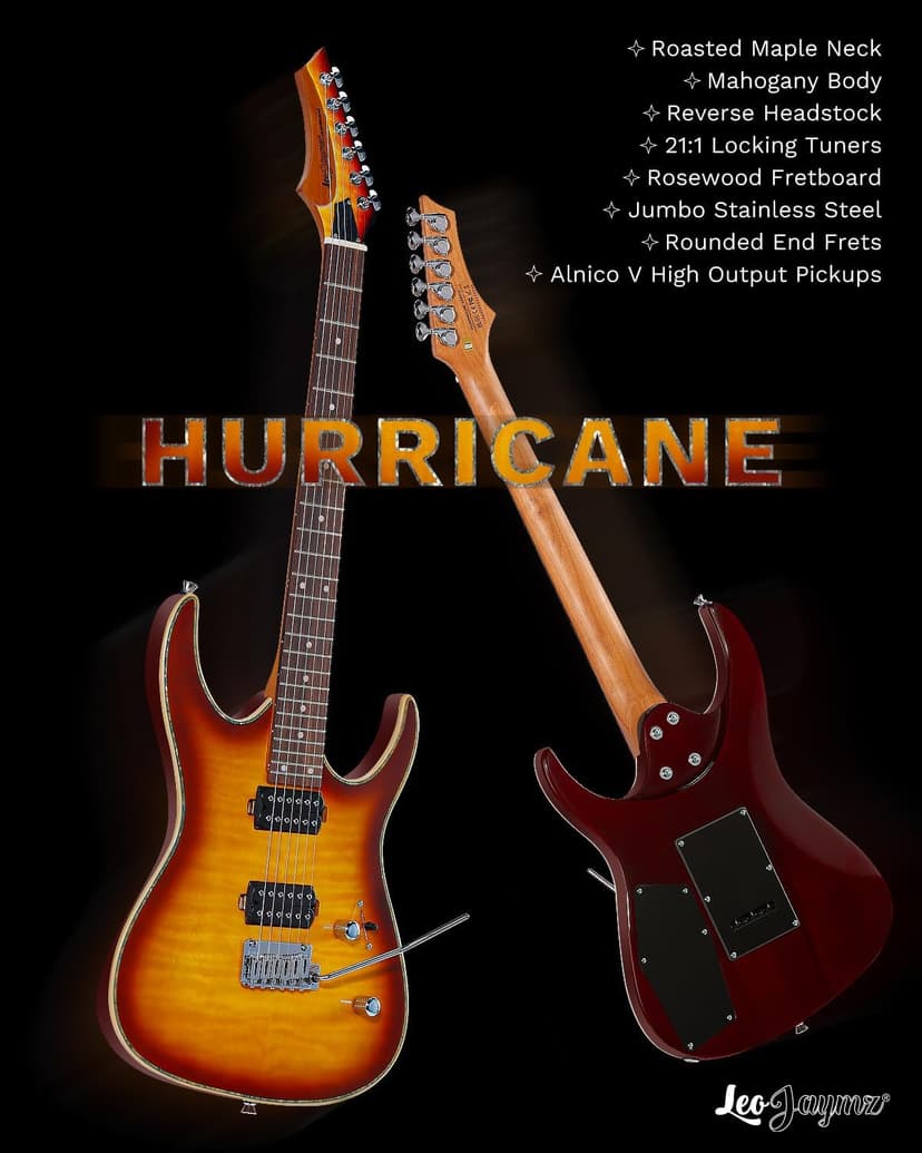 Leo Jaymz Hurricane Series Electric Guitar,Double Cut Arched Top Mahogany Body,Reverse Headstock,Roasted Maple Neck,Rosewood Fretboard,Alnico V Pickups,Locking Tuners,Tremolo Bridge (Sunburst)
