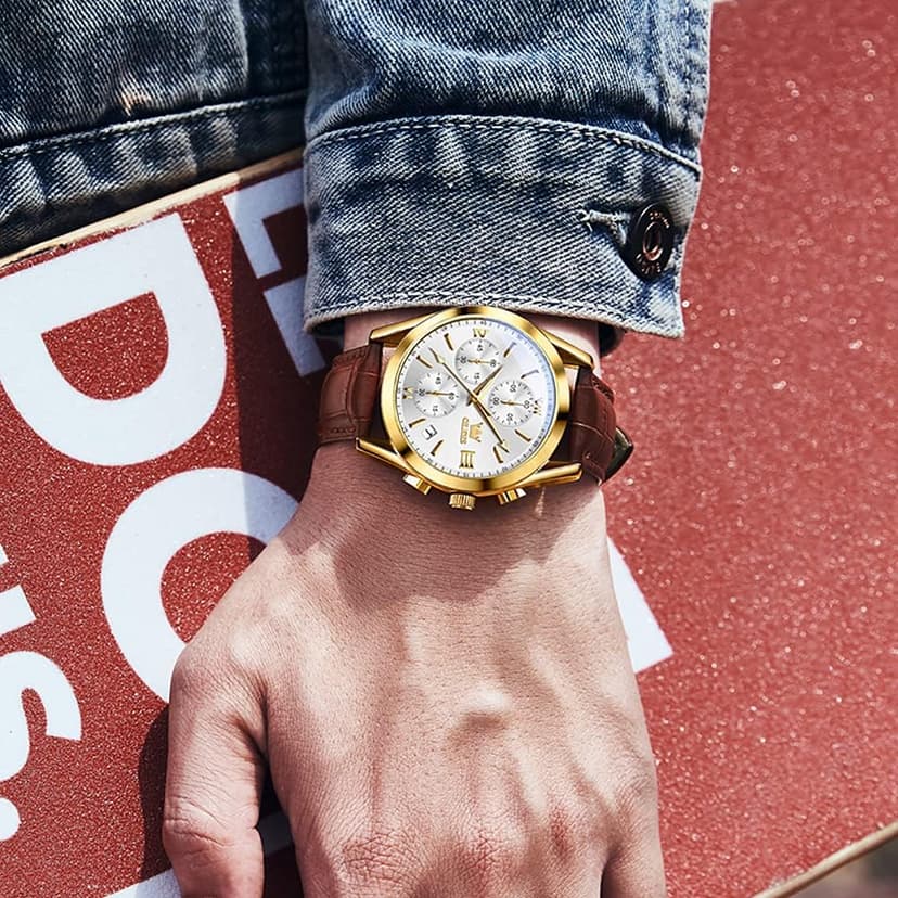 OLEVS Men's Casual Leather Watch, Big Face Chronograph Watch for Men, Fashion Easy to Read Dress Watch, Men's Waterproof Luminous Date Analog Watch, Gold/Black/White/Blue Dial