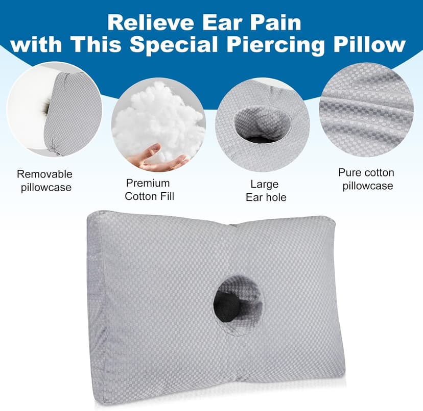 Ear Piercing Pillow for Side Sleepers with a Big Hole, Adjustable Height Ear Pillows for Ear Pain CNH, Pain Relief Sleeping, Skin-Friendly & Washable Pillowcase (20 x 13 x 4.5 inches - Gray)