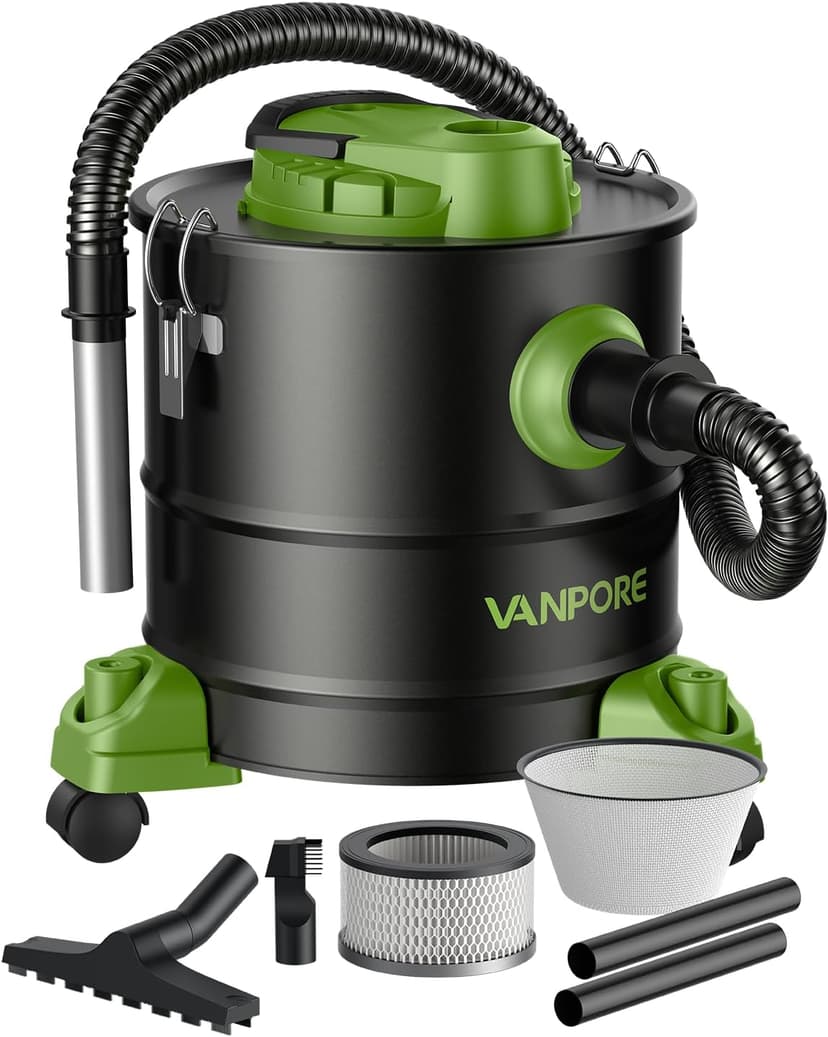 VANPORE Ash Vacuum Cleaner 5.2 Gallon with 1200w Suction Power&Wheeled Base, Ash Vacuum for Pellet Stoves, Fireplaces, Grill, Wood Stove, Fire Pits,Green