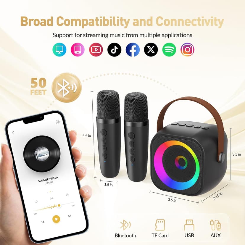 360° Surround Sound,5 Voice Effects,Bluetooth 5.0,LED Lights, TF/USB/AUX, For Kids and Adults, Family Home Party and Gifts Mini Karaoke Machine,Portable Bluetooth Speaker with 2 Wireless Microphones B0CNX6MMK3