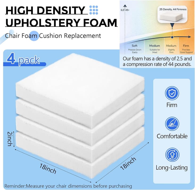 Sieral 4 Pack 18"x18"x2" Chair Foam Cushion Replacement, Upholstery Foam High Density Chair Seat Pad with Polyester, Firm Square Insert for Dining Chairs & Couch, Easy to Cut