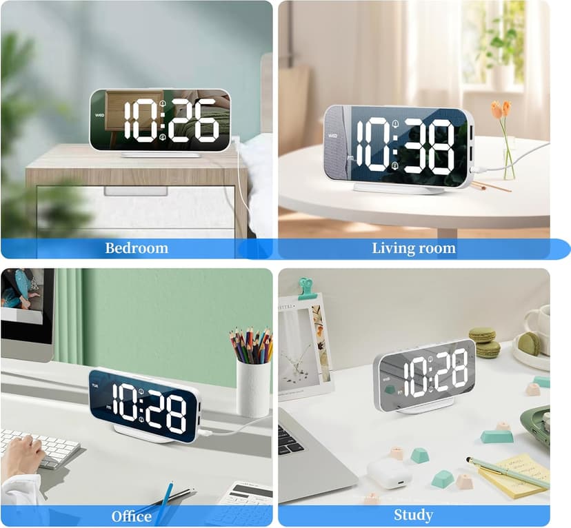 SMOUPING Digital Alarm Clock for Bedroom,6.7" LED Clock Mirror Surface with 2 USB Charger Port,Adjustable Brightness,Dual Alarm,Snooze,12/24H,Large Display Clock for Room Decor(White)