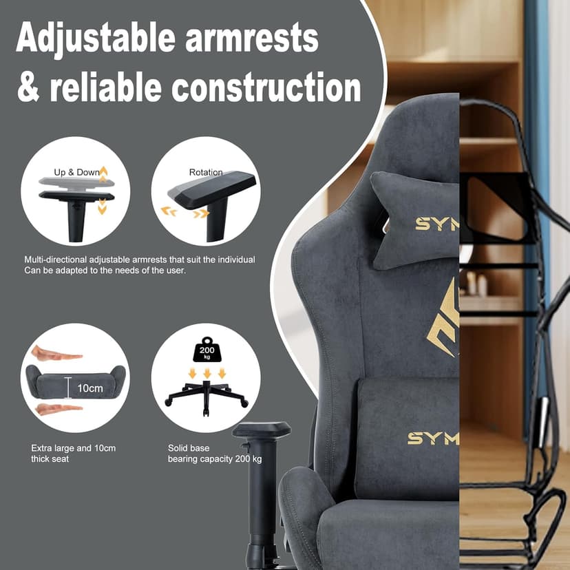 Symino Gaming Chair with Footrest, 2D Armrests Up/Down & Left/Right, Suede Fabric Ergonomic Office Chair, 150° Recline Computer Chair for Desk, Grey