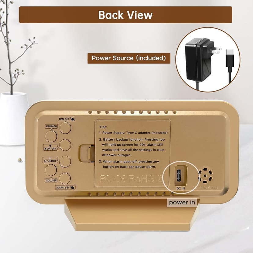 Peakeep Slim Digital Mirror Aesthetic Alarm Clock for Bedrooms Desk Decor - Plug in Electric Big LED Modern Small Clock for Office Living Room, Battery Backup, 6 Dimmers (Gold)