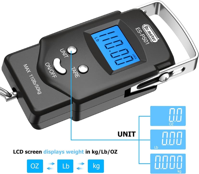 Fish Scale Luggage Scale Fishing Gear - 110lb Backlit LCD Display Digital Scale with Built-in Measuring Tape - Fishing Scale with 2 AAA Batteries, Pocket Size - Fishing Gifts for Men