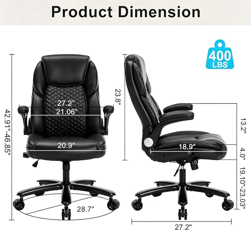 Big and Tall Ergonomic Office Chair, Executive Office Chair with Flip-up Arms, PU Leather Computer Desk Chair, Adjustable Lumbar Support Heavy Duty Space Saving Swivel Chair