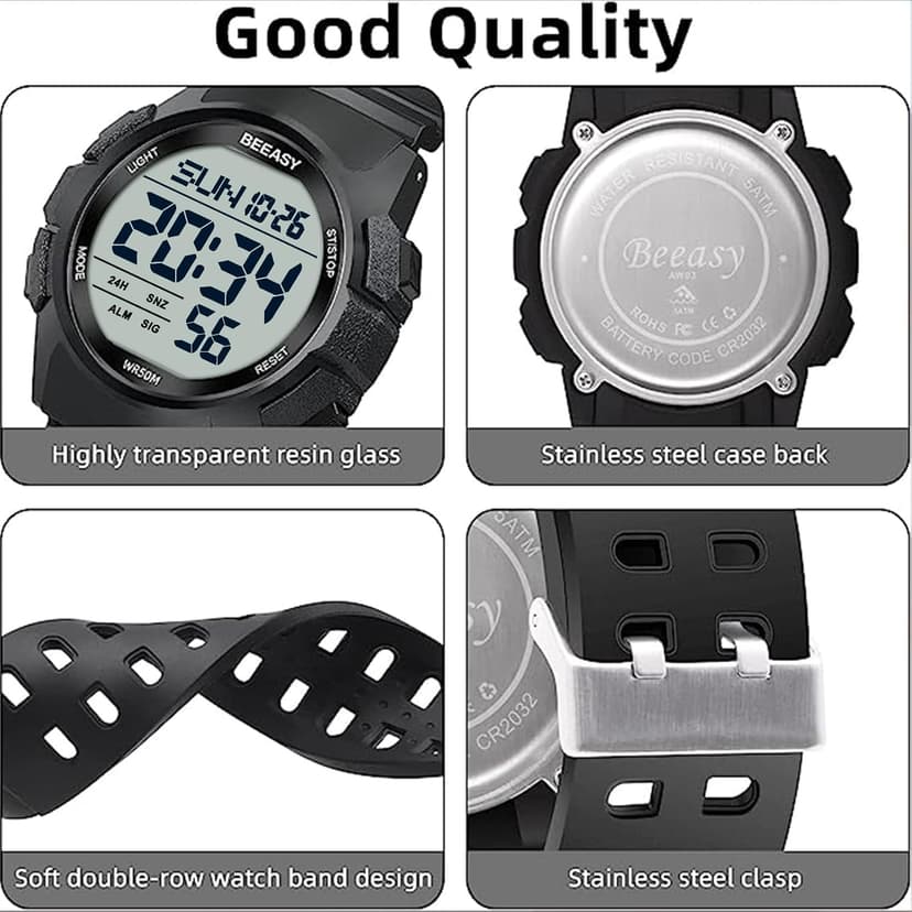 Beeasy Men Digital Sports Watch,Waterproof Watch with Stopwatch Countdown Timer Alarm Function Dual Time Rubber Strap Wrist Watch for Men/Student