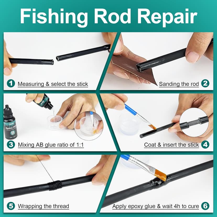Ailiaili Fishing Rod Repair Kit - 3-IN-1 Fishing Pole Complete Supplies Kit for Rod Tips, Fishing Rod & Guide Eyelets Replacement, with Epoxy Glue, Wrapping Thread and Other Fishing Accessories & Gear