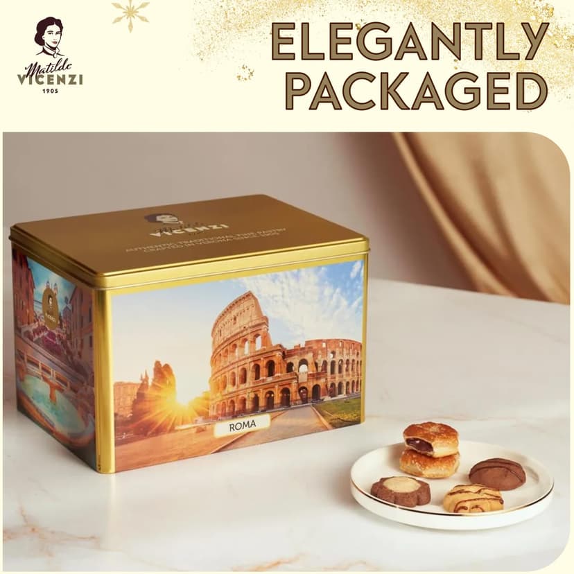 Matilde Vicenzi Roma Cookie Gift Tin - Italian Pastries & Cookies in Individually Wrapped Trays - Bakery Dessert Gifts For Birthdays, Thank You, Get Well and Every Special Occassion - Puff Pastry, Assorted Cookies in Italian Design Gift Tin 32.5oz (920g)
