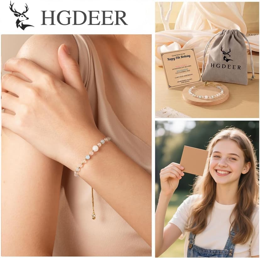 Moonstone Rose Quartz Aquamarine & Clear Quartz, Adjustable Bolo Chain, Birthday Blessing Card & Pouch for Teens Tweens HGDEER Her Milestone Birthday, Crystal Wishes Bracelet Gifts for Girls B0GR99VH91