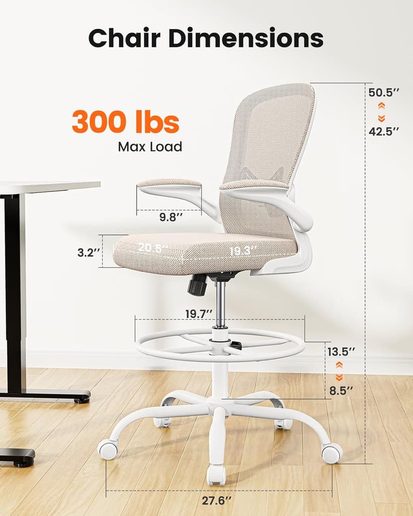 ErGear Drafting Chair,Tall Office Chair with Flip-Up Armrests, High Desk Chair Adjustable Height and Adjustable Footrest Ring, Ergonomic Standing Desk Chair with Lumbar Support, Khaki