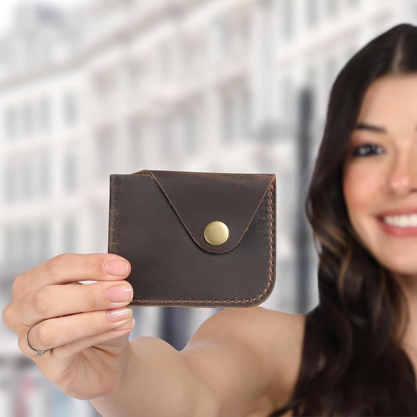 TheAntiq Brown Leather Card Holder Minimalist Wallet Handmade - Slim Credit Card Case with Button Closure - Compact Leather Card Case Holds Up to 4 Cards - Front Pocket Wallet for Men & Women