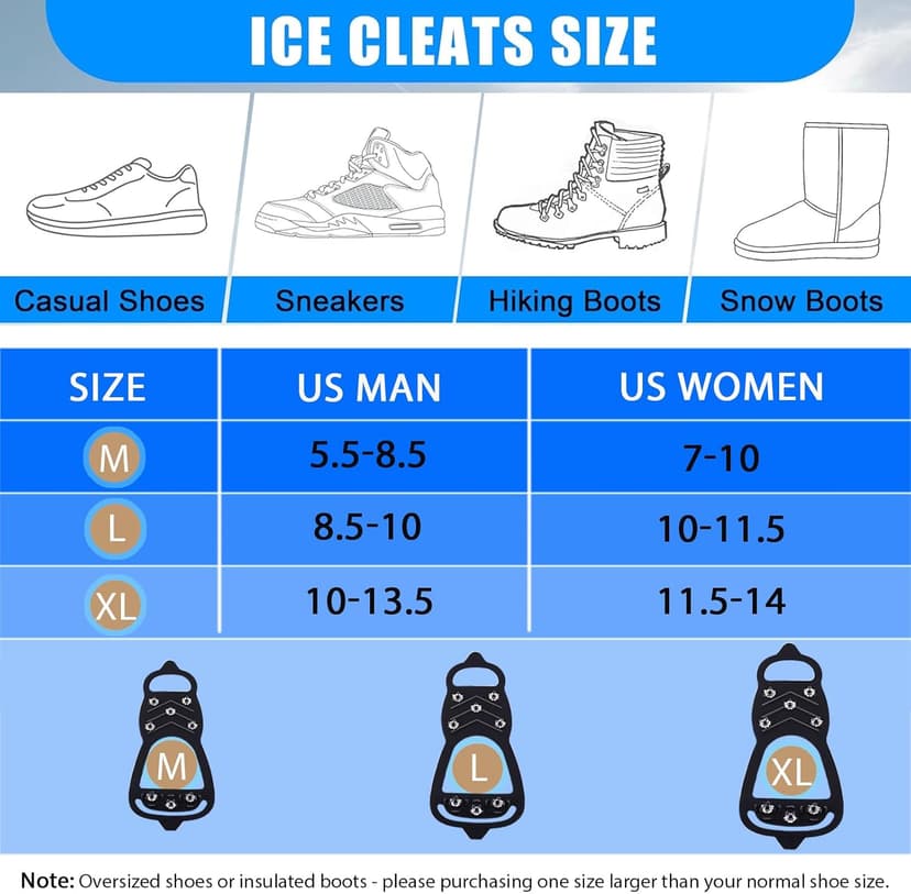 HQcontL 2 Pairs Ice Cleats for Shoes and Boots, Universal Non Slip Hiking Spikes, Micro Shoe Spikes for Snow and Ice, Durable Snow Crampons for Winter Hiking Climbing Ice Fishing, 8 Steel Studs Gripper Spike