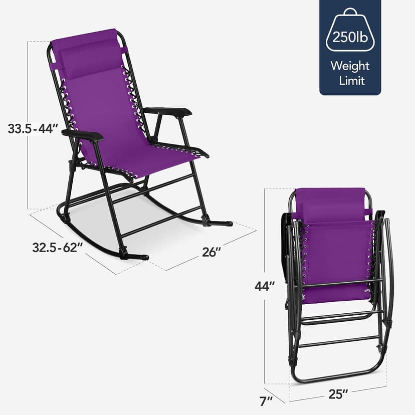Best Choice Products Outdoor Zero Gravity Rocking Chair, Folding Reclining Patio Lounge Chair with Adjustable Pillow for Lawn, Beach, Camping - Amethyst Purple