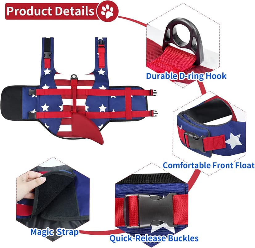 Malier Dog Life Jacket, High Buoyancy Shark Swimsuit, Ripstop American Flag, Medium, Red & Dark Blue