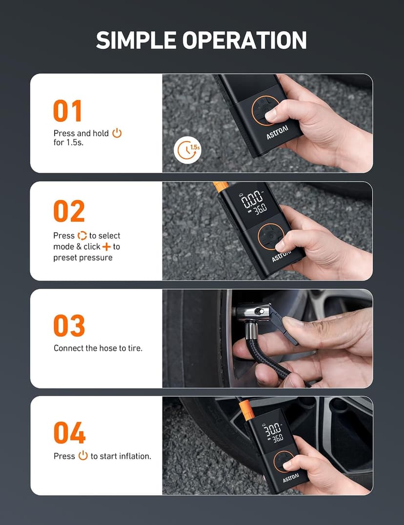 For Car Tires, Bikes, Motorcycles and Balls; Auto Shut-off, Digital Display Pressure Gauge, Fast Inflation, LED Light AstroAI L7 Tire Inflator Portable Air Compressor,150 PSI Cordless Bike Pump B0CS3B7MD8