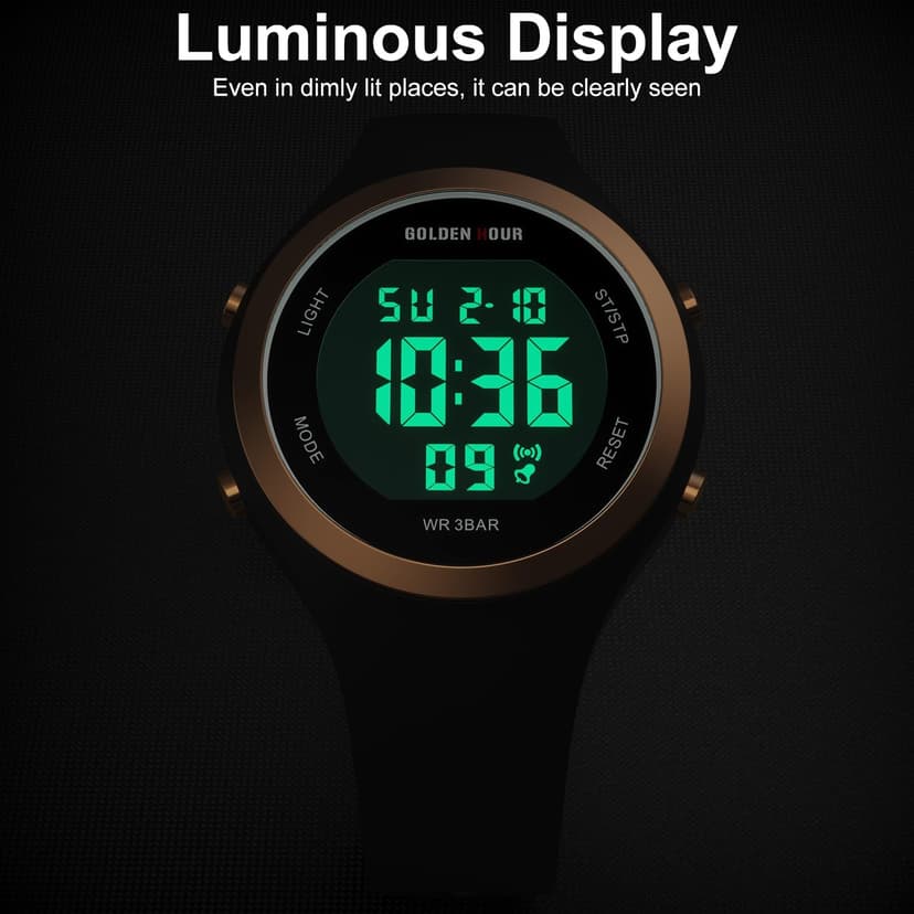 GOLDEN HOUR Waterproof Sport Women's Digital Chronograph Silicone Strap Watch