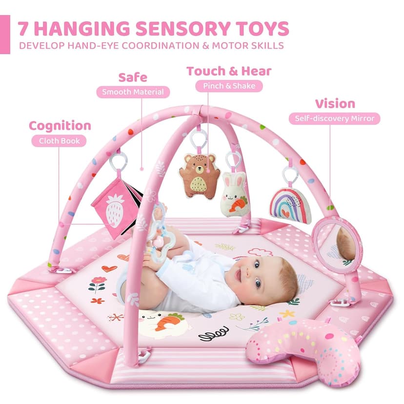 Baby Gym Play Mat, 8-in-1 Tummy Time Mat & Ball Pit with 6 Toys, Washable Baby Activity Mat for Visual, Hearing, Sensory, Motor Development, Babies Gift for Newborn Infant 0-3-6-9-12 Months (Pink)