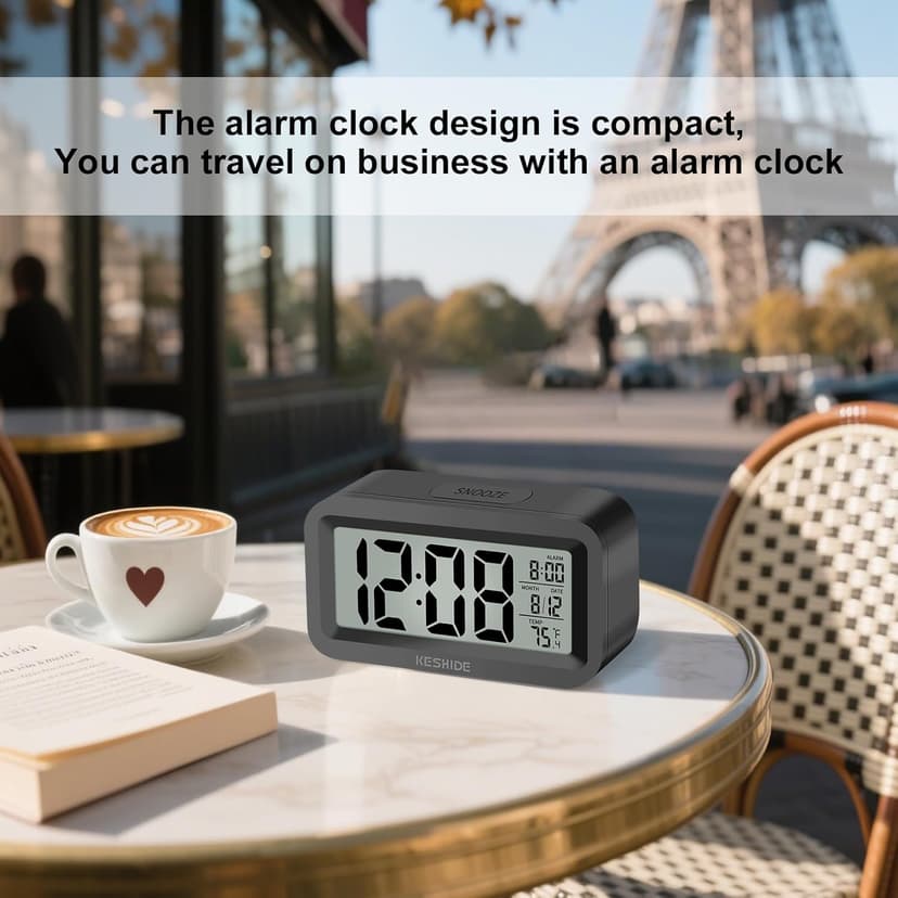 KESHIDE Travel Digital Alarm Clock, Battery Operated with Indoor Temperature, Desk Small Clock,Snooze Model,12/24H Display for Bedrooms Heavy Sleepers Kids Travel Bathroom (Black)