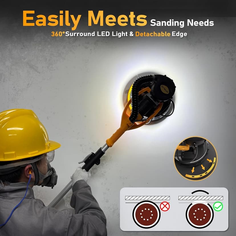 GEVEELIFE Drywall Sander, 880W Popcorn Ceiling Removal Tool, Drywall Sander with Vacuum Dust Collector, 5 Variable Speed 1000-2100RPM, LED Light, Foldable & Extendable Handle, 12 Sanding Discs