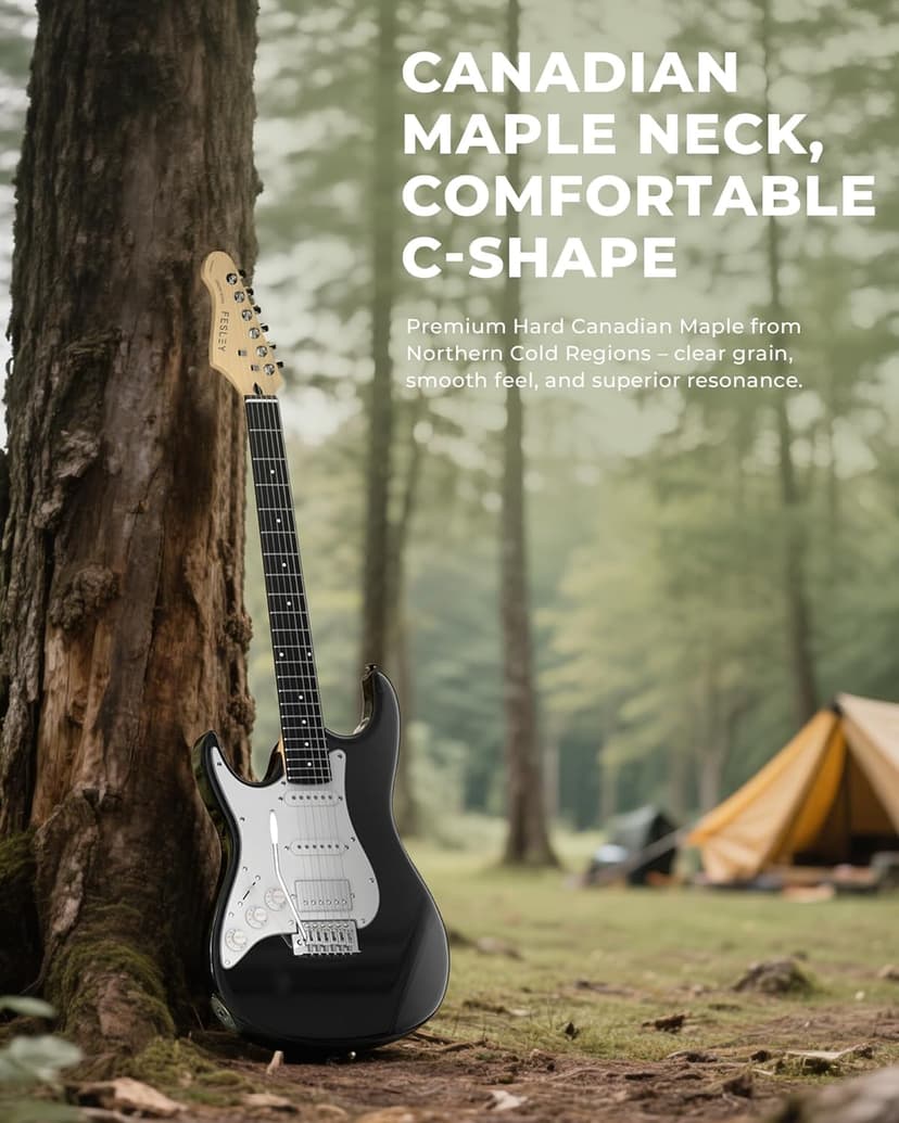 Fesley Left-Handed Electric Guitar: 39" Full Size Beginner Electric Guitar Kit, HSS Pickup, Solid Body Guitar Starter Set with Amplifier, Bag, Strap, String, Cable, FST100L, Black