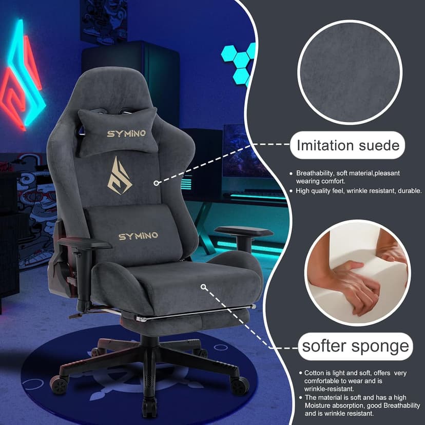 Symino Gaming Chair with Footrest, 2D Armrests Up/Down & Left/Right, Suede Fabric Ergonomic Office Chair, 150° Recline Computer Chair for Desk, Grey